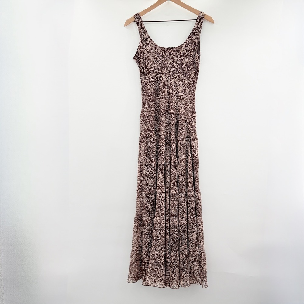Vintage Earthy Romantic Sleeveless Tiered Ruffle Maxi Dress in Brown Size 6 Boho